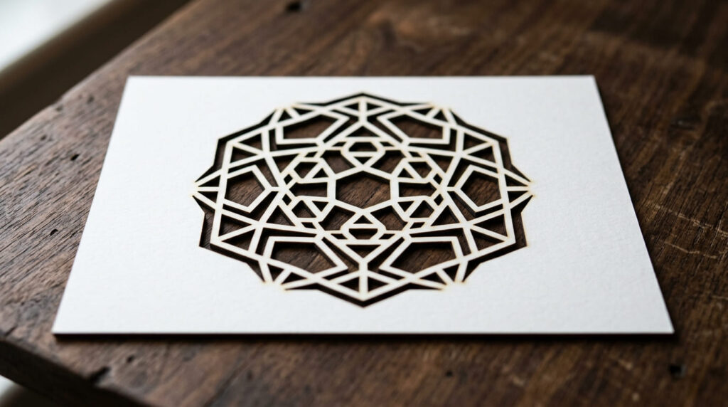 Close-up of thick white cardstock paper with intricate laser-cut geometric pattern on dark wood table.