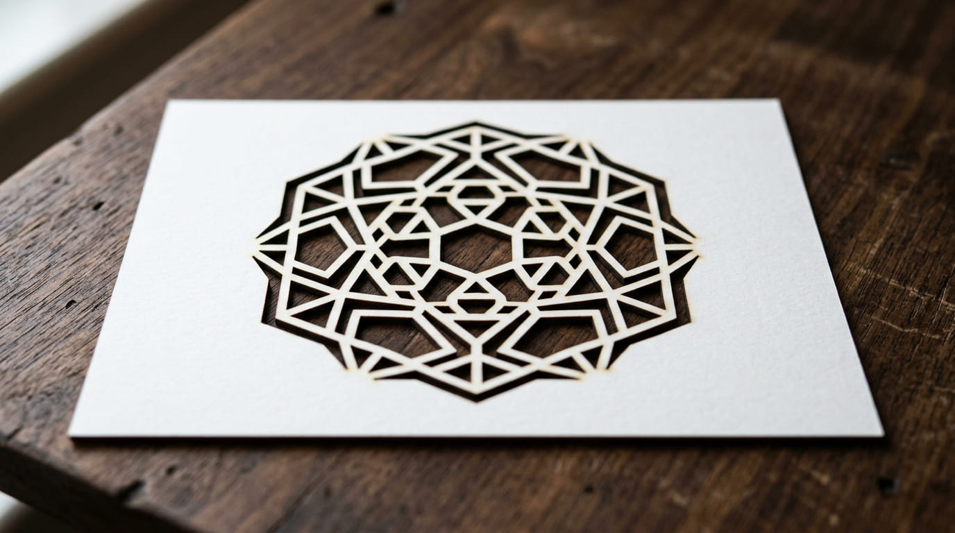 Close-up of thick white cardstock paper with intricate laser-cut geometric pattern on dark wood table.