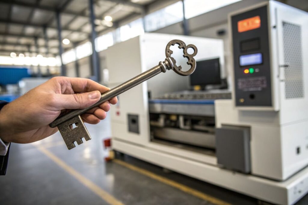 Крупный план руки, которая уверенно держит ключ на фоне собственного лазерного станка