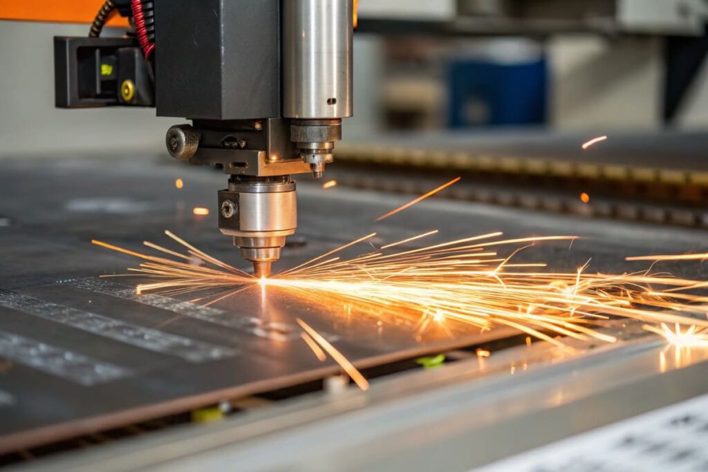 Современный лазерный станок в действии, вырезает деталь из металла