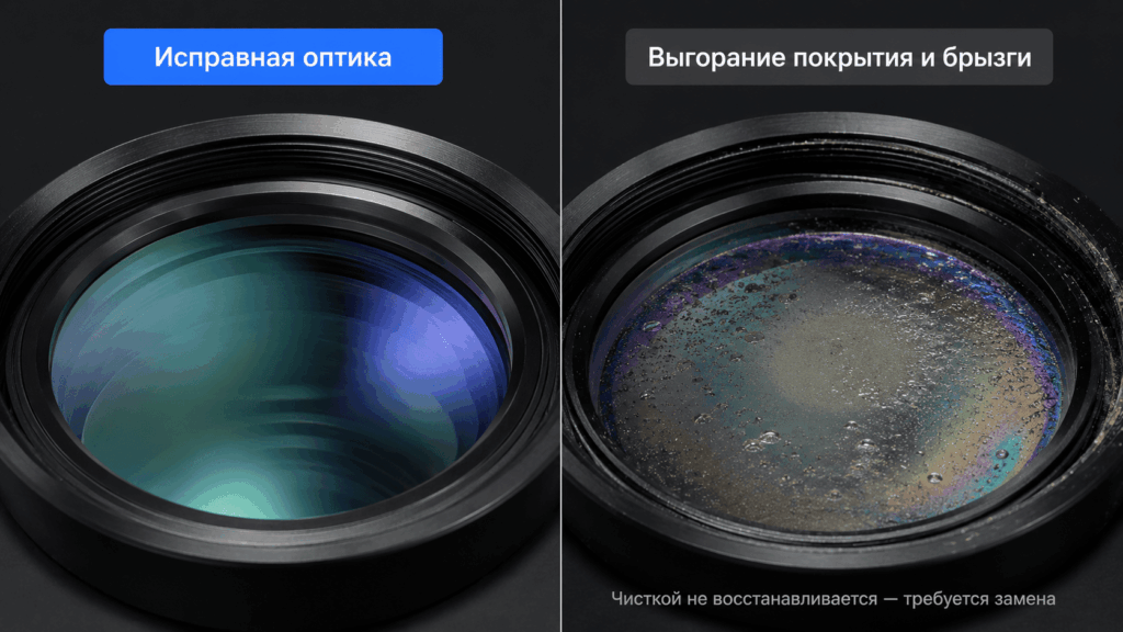 Загрязнённая линза лазерного станка: причина падения мощности
